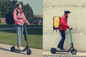two people riding electric scooters with food delivery backpacks