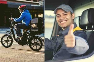 foood delivery man in car and Uber Eats person on bike